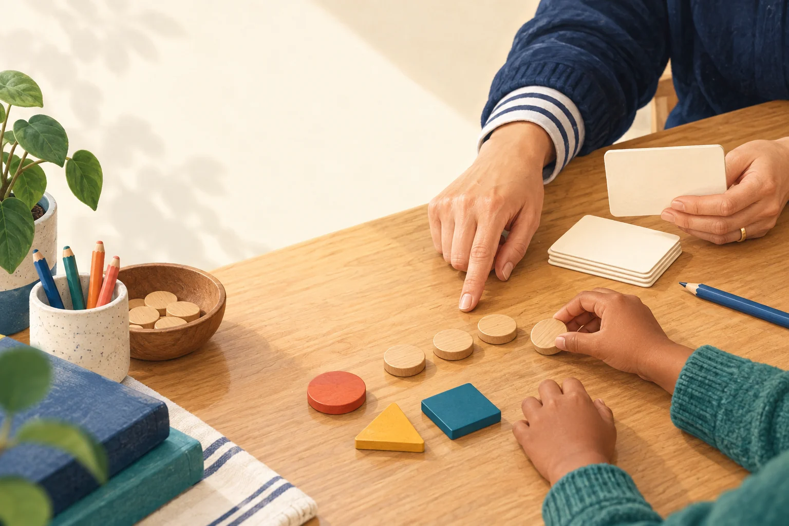 Illustration of a teacher and pupil working with counters