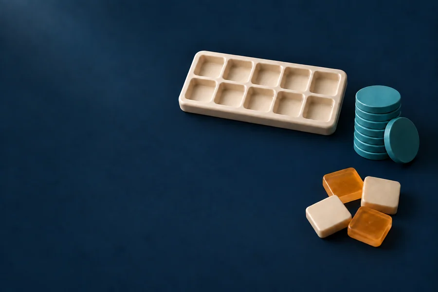 A ten-frame tray with teal counters and amber tiles