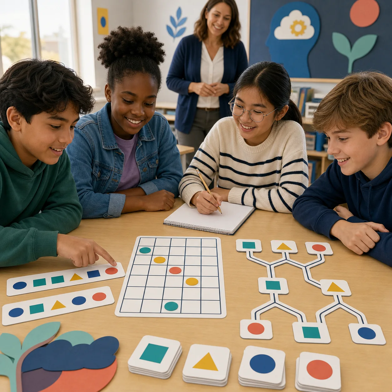 Illustration of pupils collaborating in a classroom.