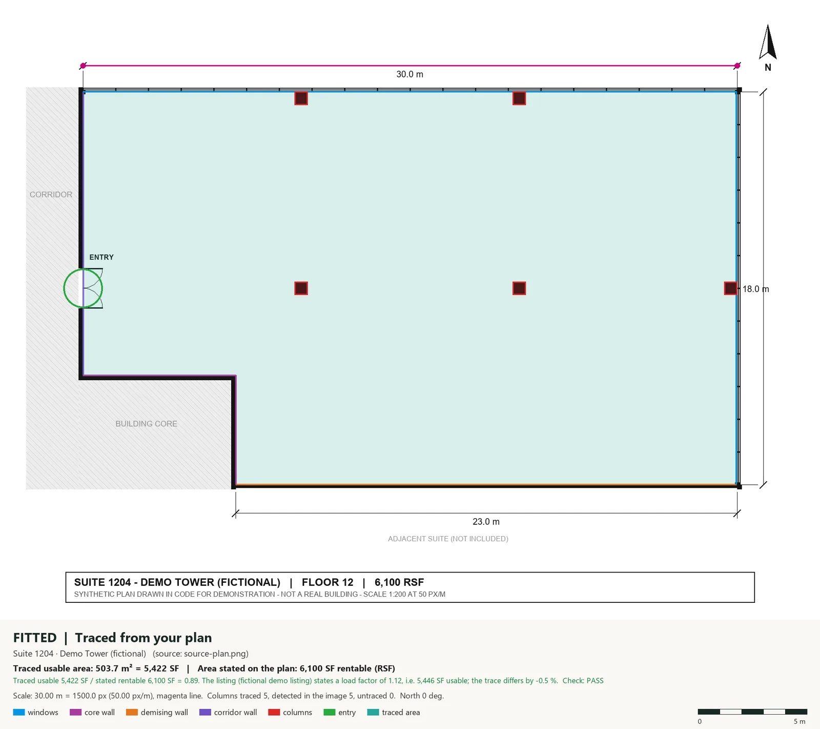 Overlay proof for Suite 1204: the traced walls, windows, columns and entry drawn over the original floor plan, with the traced usable area and the area stated on the plan.