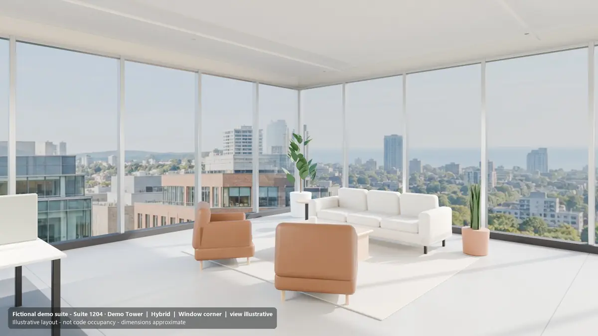 Suite rendered in the Hybrid layout, window corner view.