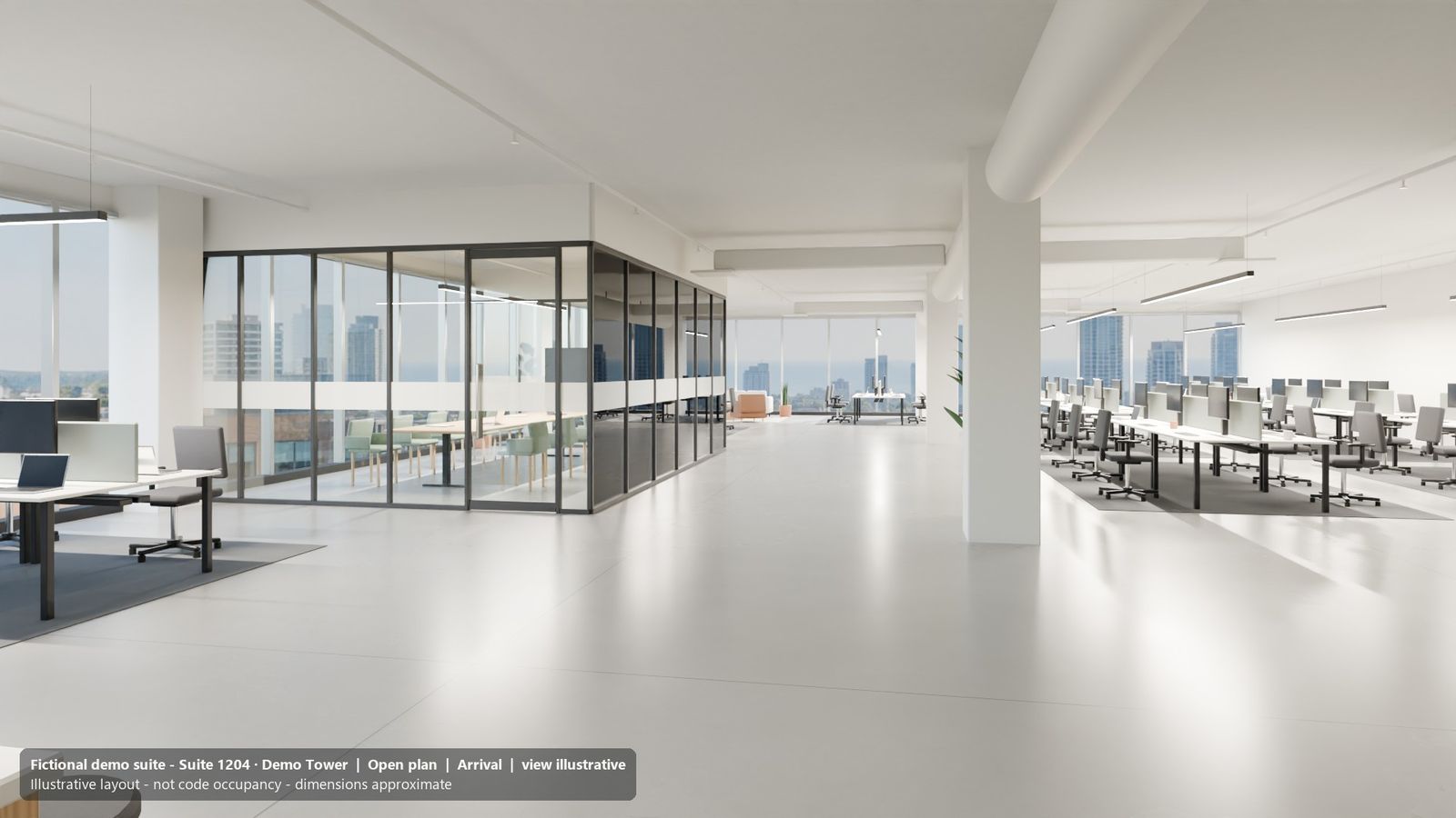 Suite 1204 furnished in the Open layout, seen from the entry.