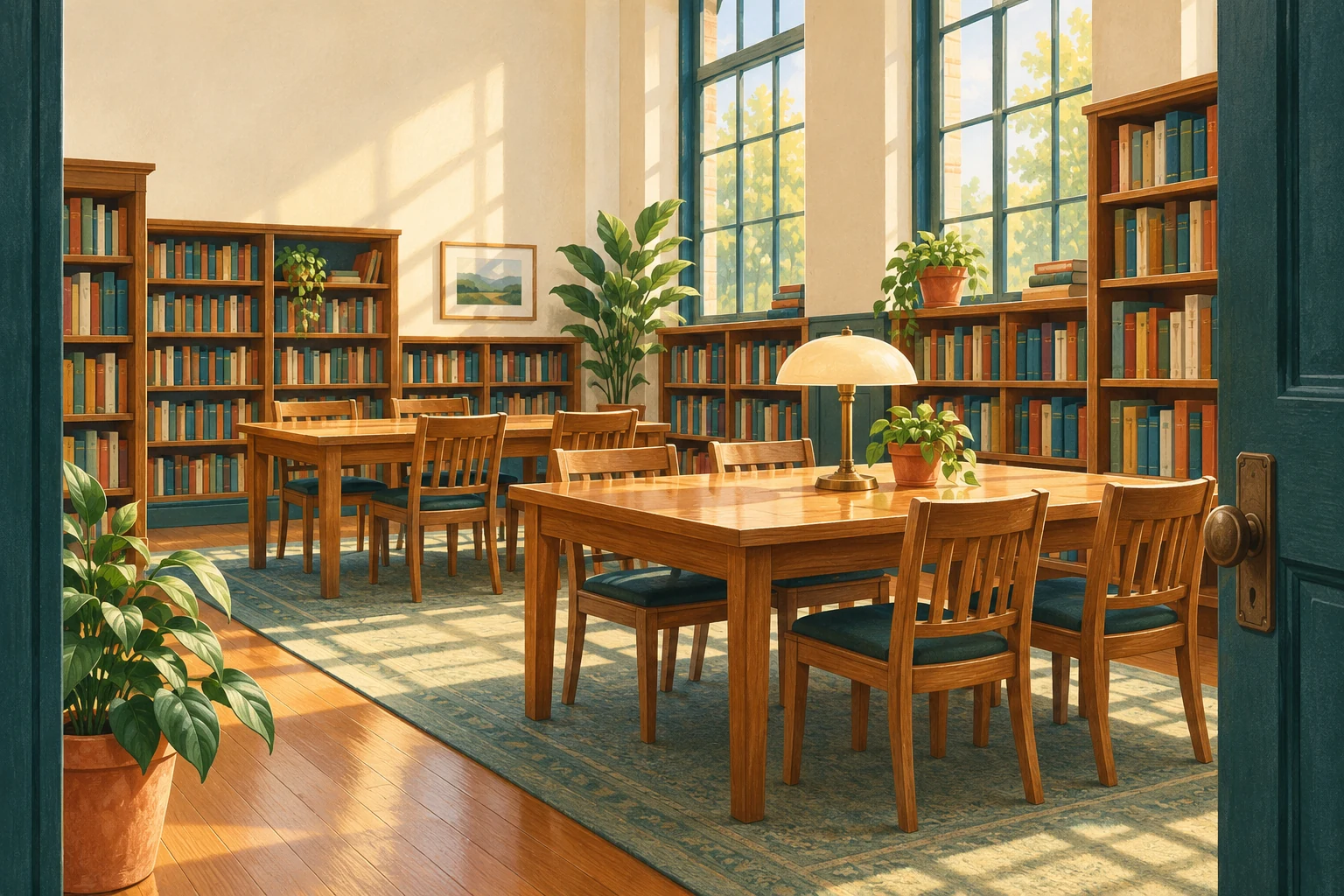 Imagined illustration of an empty library reading room, with tables, empty chairs and bookshelves.
