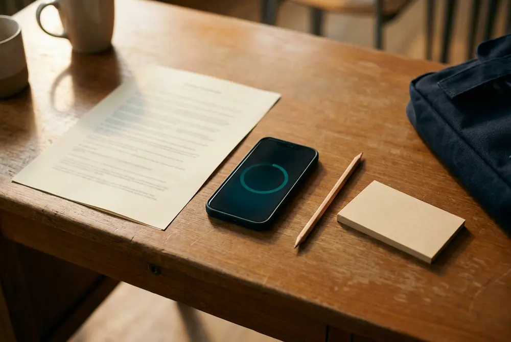 An elementary teacher's desk in late-afternoon light: a printed reading passage, a phone showing a plain teal timer ring, a sharpened pencil, and a small stack of index cards.