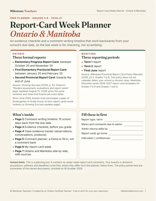 Page 1 of the Report-Card Week Planner: Ontario and Manitoba reporting windows, and the list of what is inside the 7-page PDF.