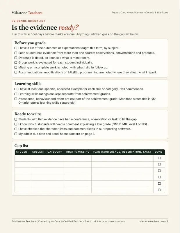 Page 3 of the Report-Card Week Planner: an evidence checklist to use before grading.