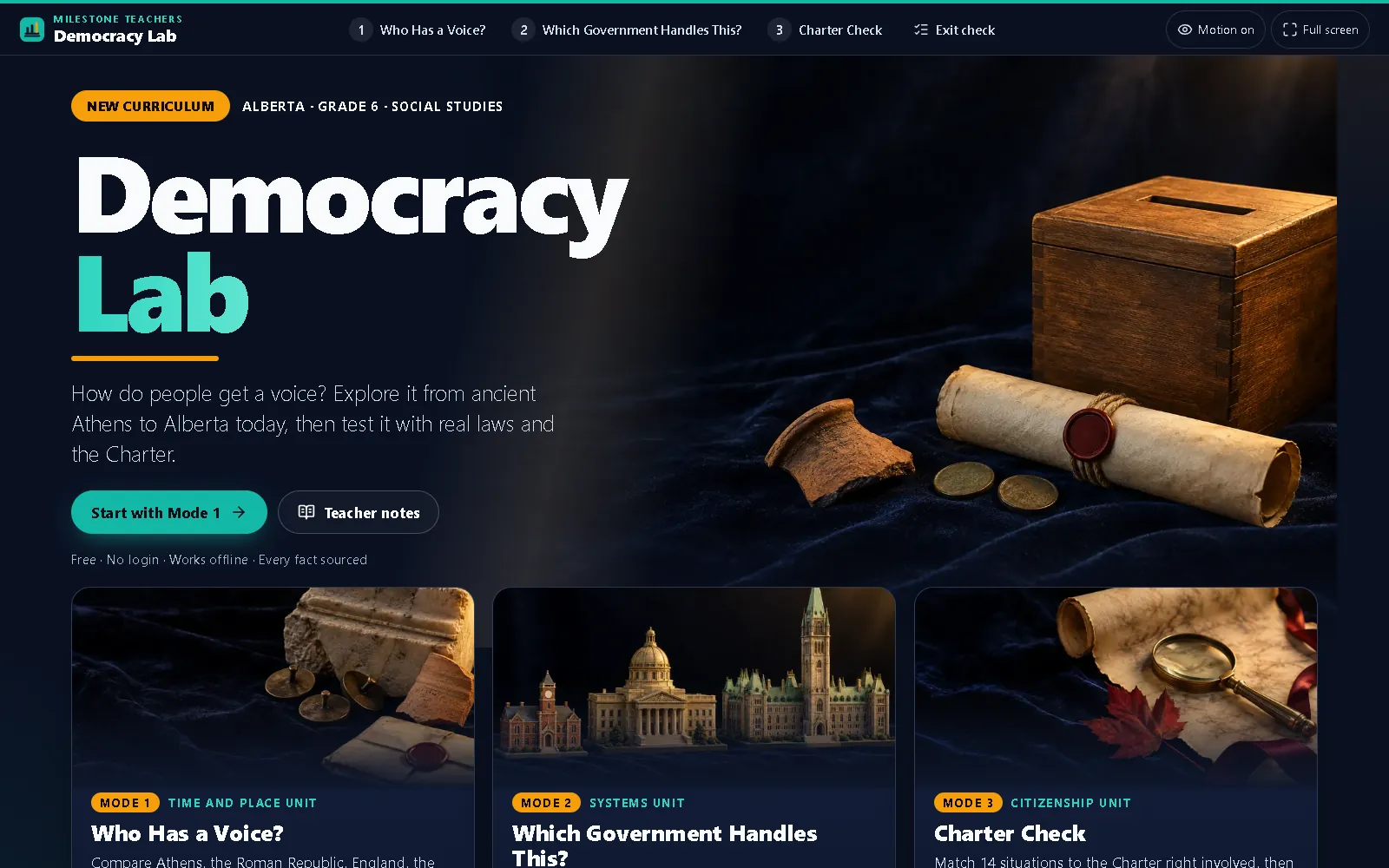 Democracy Lab's opening screen: the title over a ballot box and a sealed scroll, with its three activities, Who Has a Voice?, Which Government Handles This? and Charter Check.