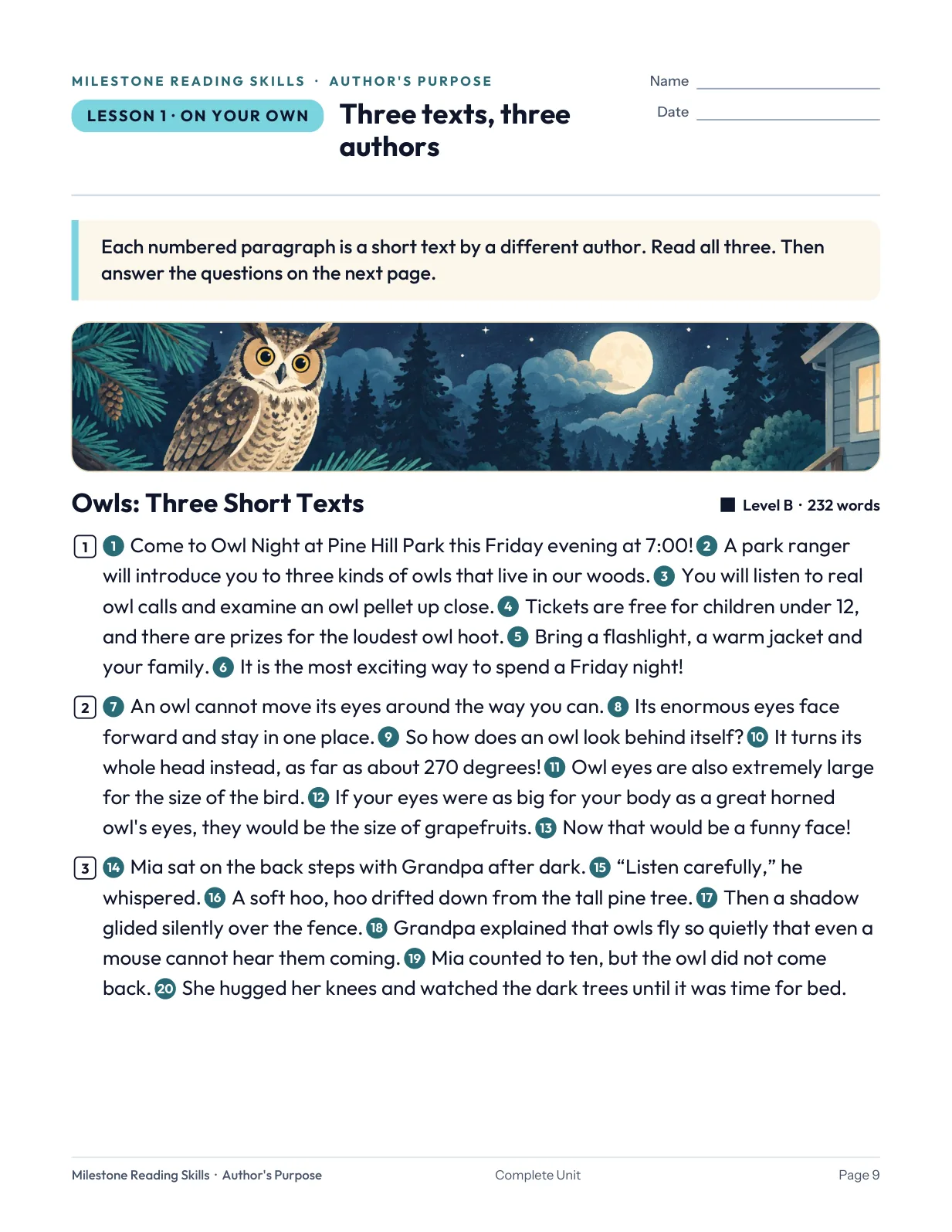 Actual student passage page from the Author's Purpose unit