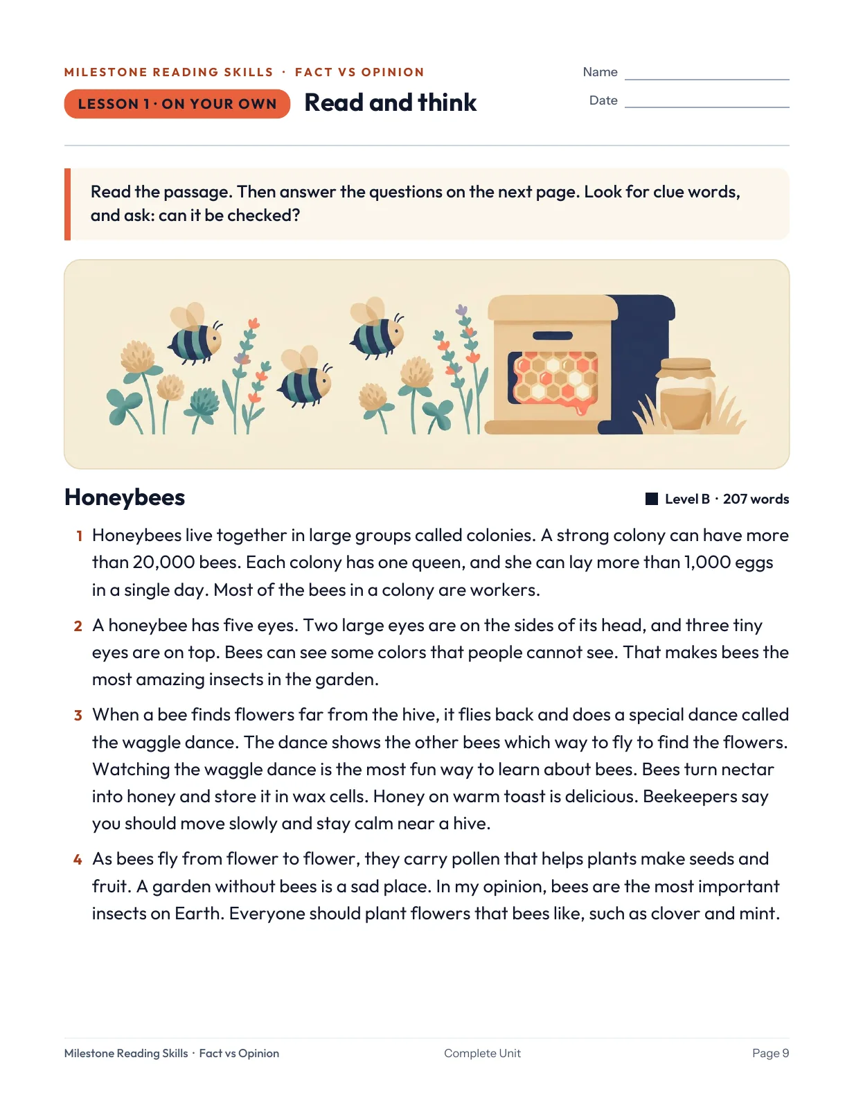 Actual student passage page from the Fact vs. Opinion unit