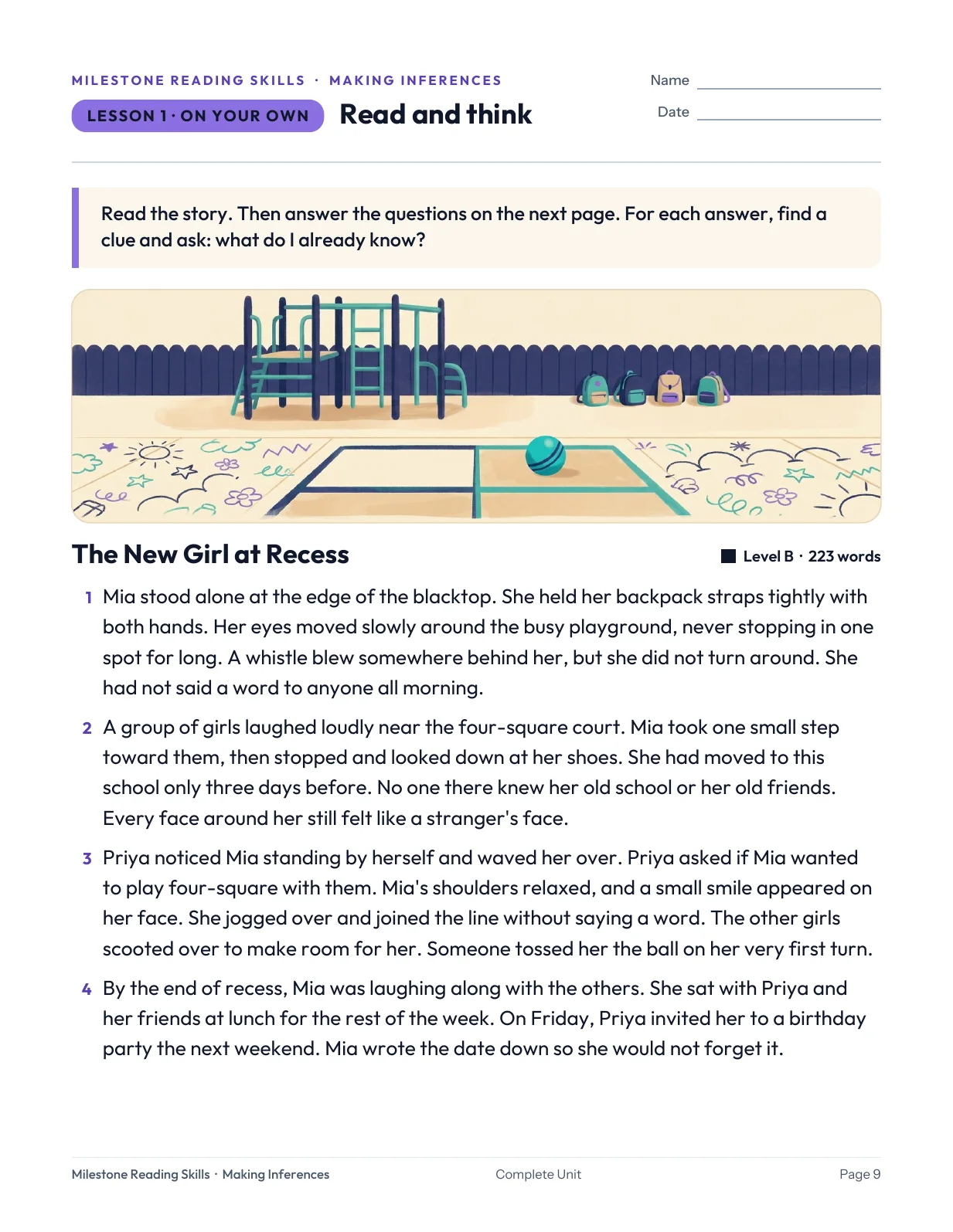 Actual student passage page from the Making Inferences unit