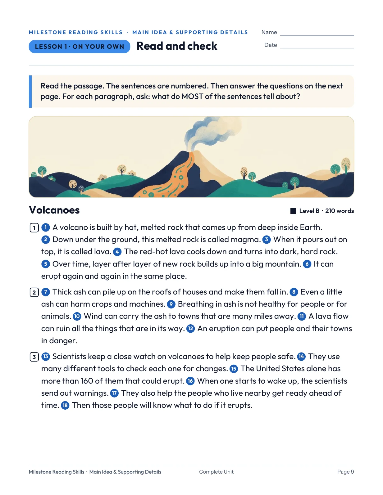 Actual student passage page from the Main Idea & Supporting Details unit