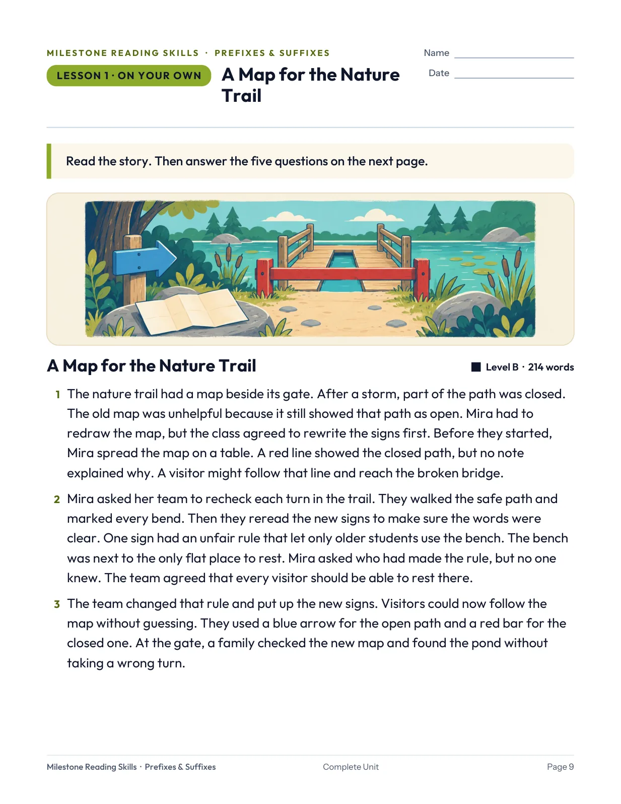 Actual student passage page from the Prefixes & Suffixes unit