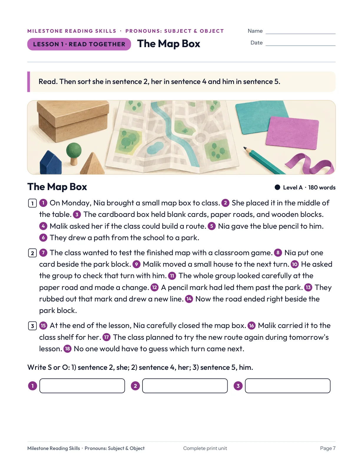 Actual student passage page from the Pronouns: Subject & Object unit