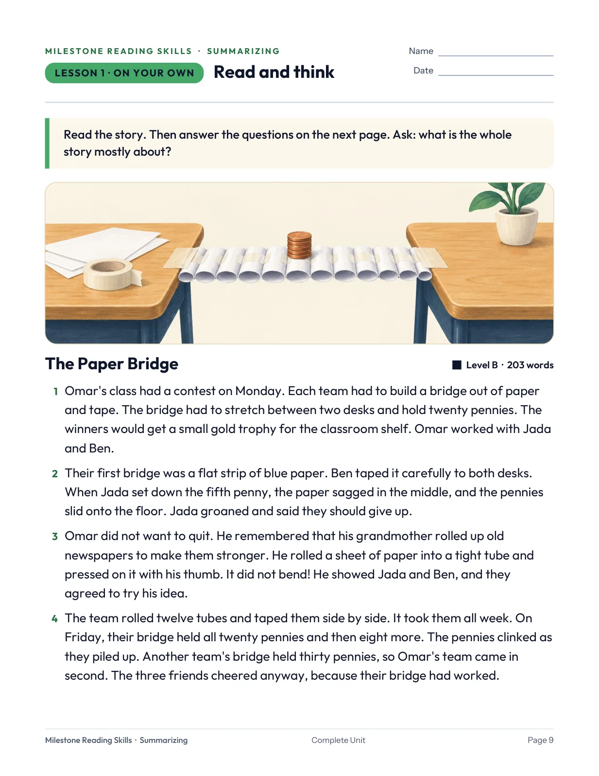 Actual student passage page from the Summarizing unit