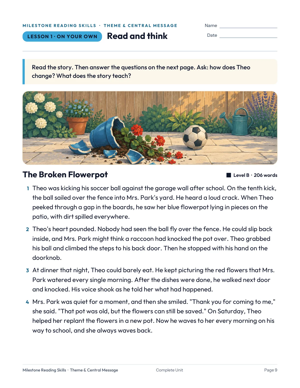 Actual student passage page from the Theme & Central Message unit
