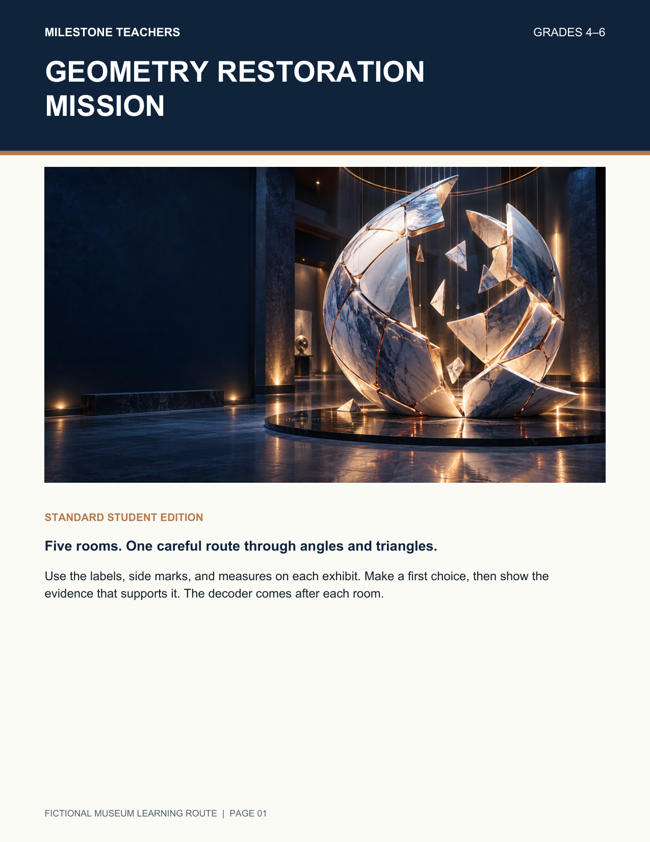 Standard student edition cover for Geometry Restoration Mission, showing a fractured marble sphere in a fictional museum gallery.