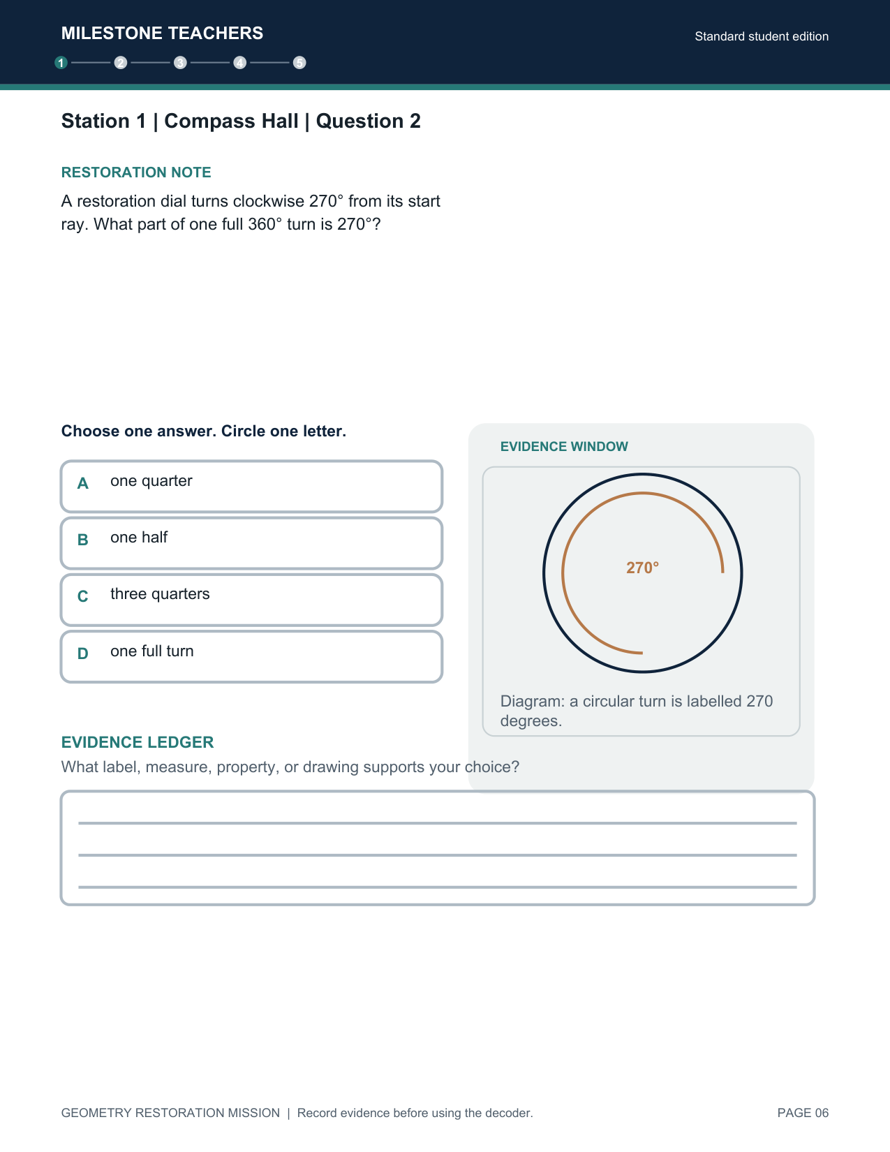 Standard student edition, Station 1 Compass Hall question 2: a 270-degree turn diagram, four answer choices and an evidence ledger.