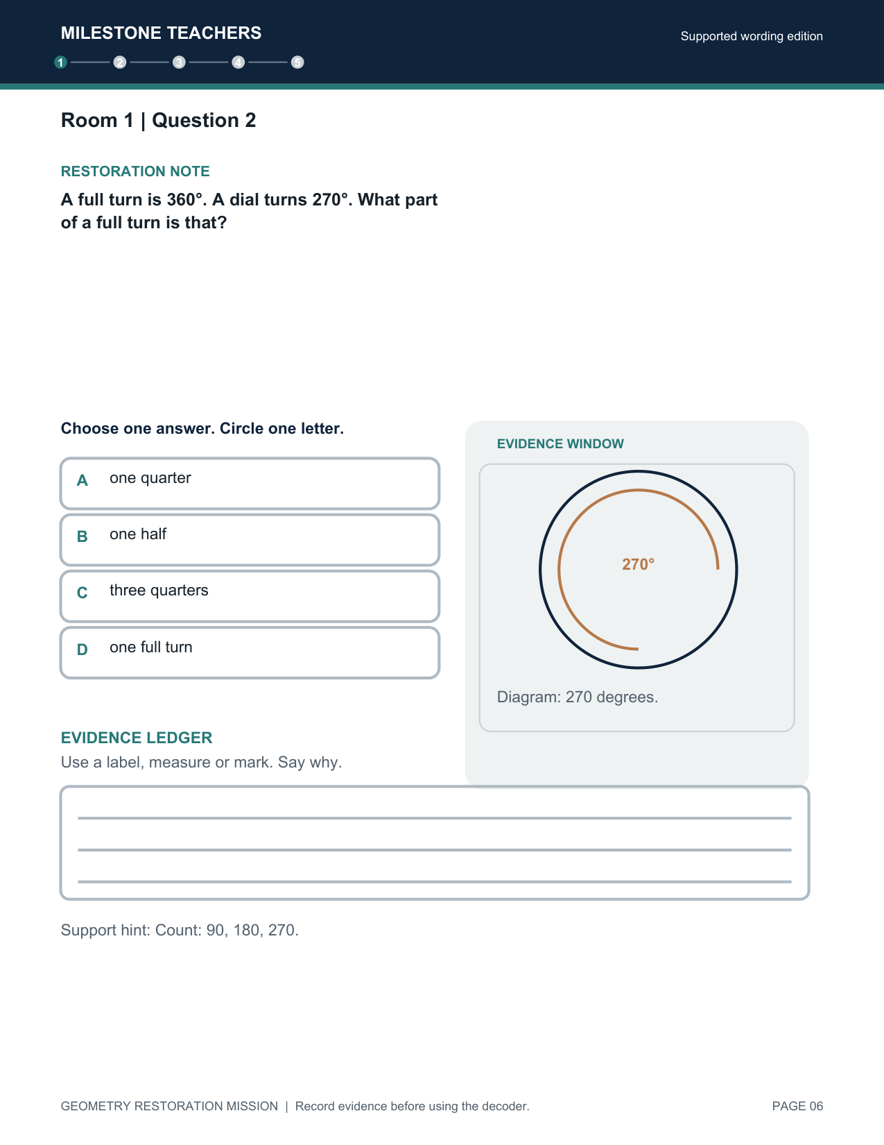 Supported Wording student edition, Room 1 question 2: a 270-degree turn diagram, four answer choices, an evidence ledger and a counting hint.