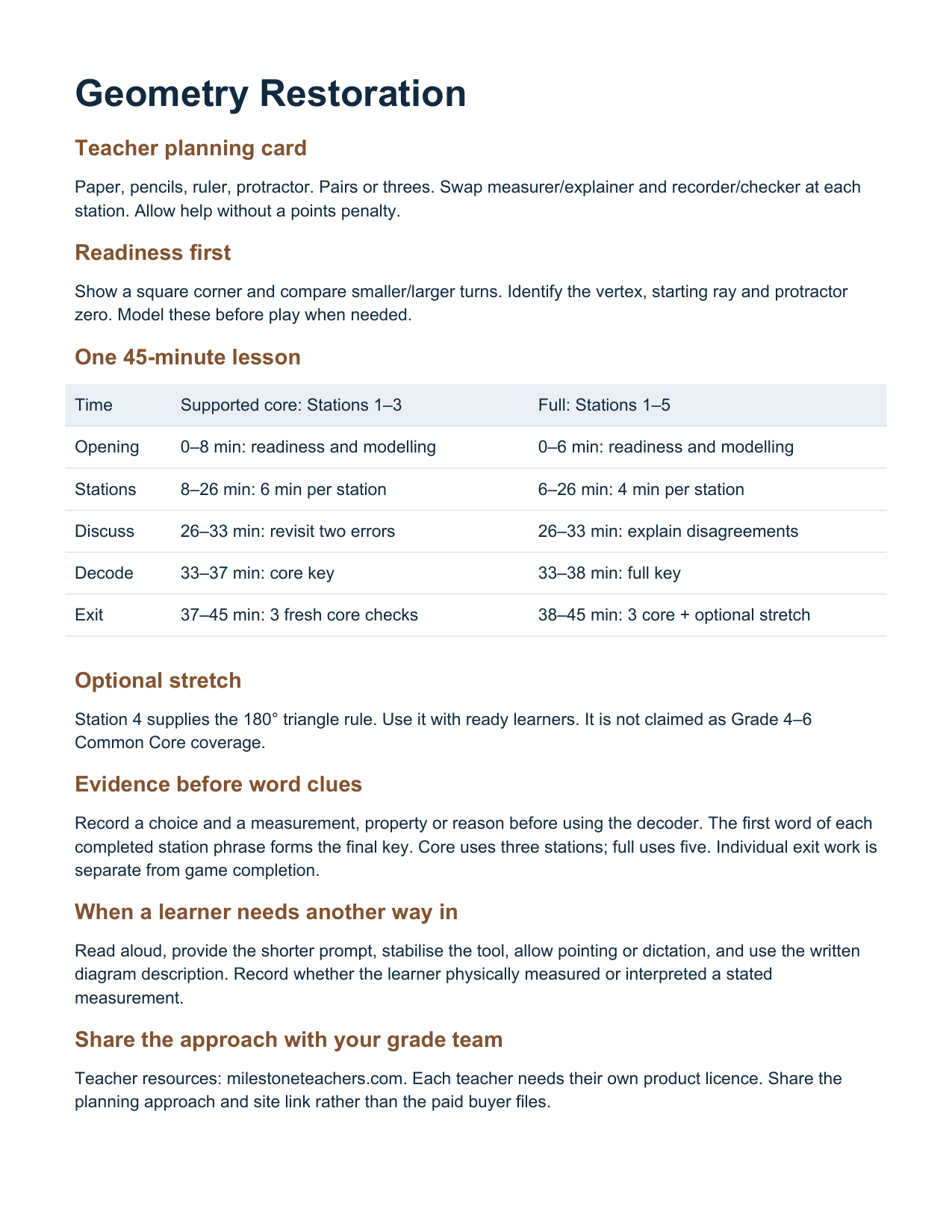 Teacher planning card with readiness prompts, core and full 45-minute routes, optional stretch guidance and access options.
