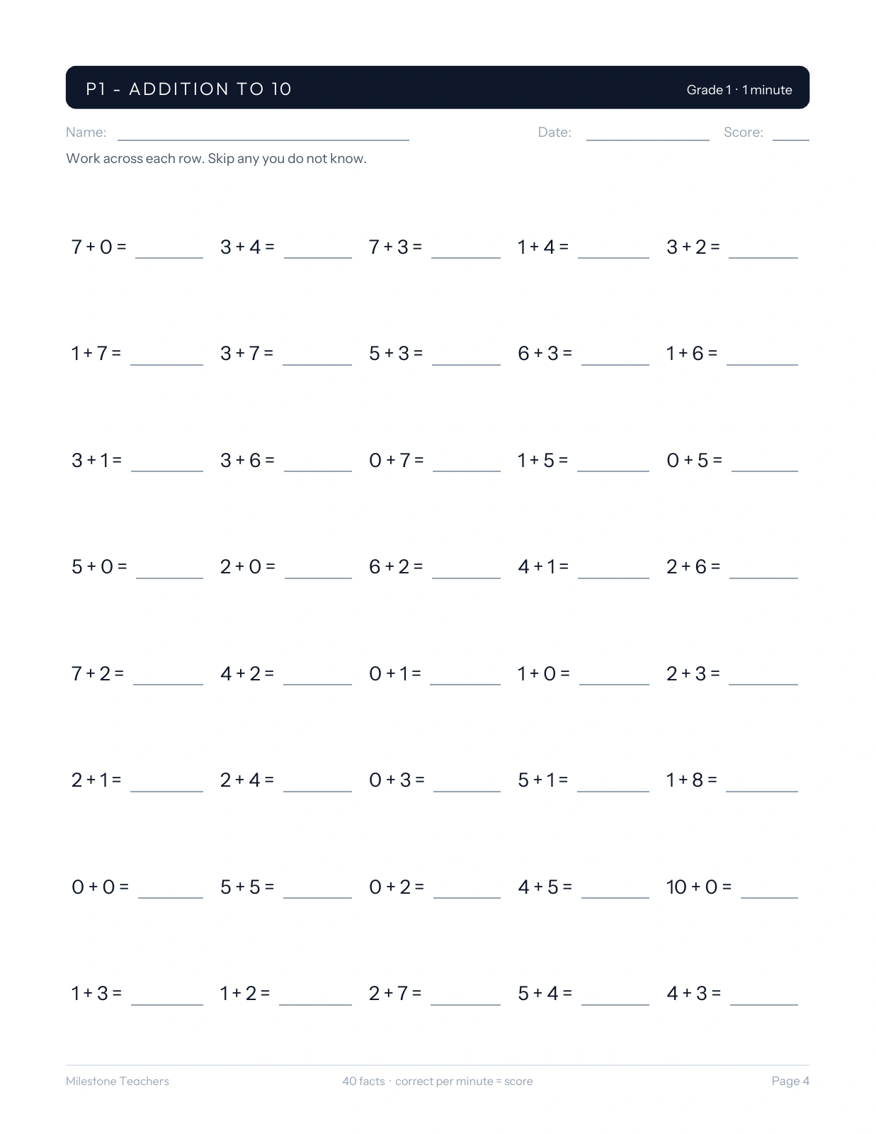 Addition-to-10 probe with 40 unanswered facts in an eight-row, five-column grid and spaces for name, date and score.