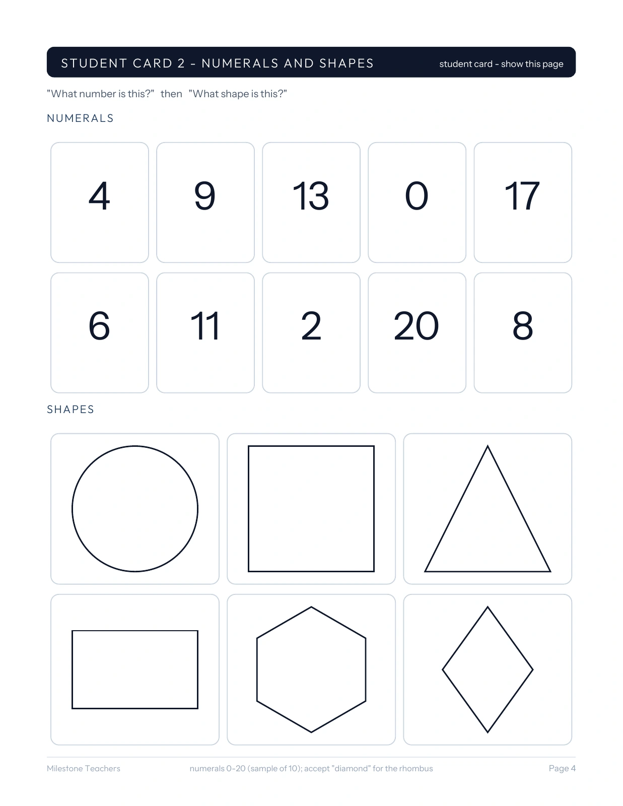 Student card showing ten numerals from 0 to 20 and six outlined shapes: circle, square, triangle, rectangle, hexagon and rhombus.