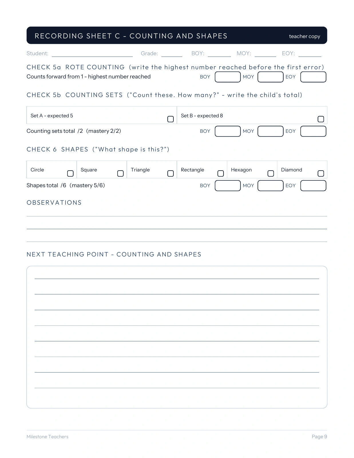 Blank recording sheet for rote counting, two counting sets and six shapes, with beginning-, mid- and end-of-year boxes plus observations and next teaching point.