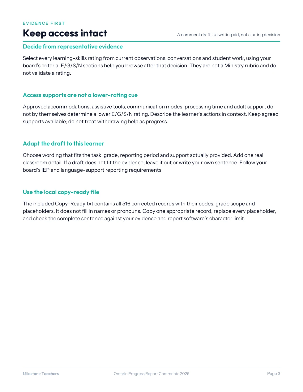 Progress-report bank, page 3 of 37: evidence, access supports and responsible use of draft comments.