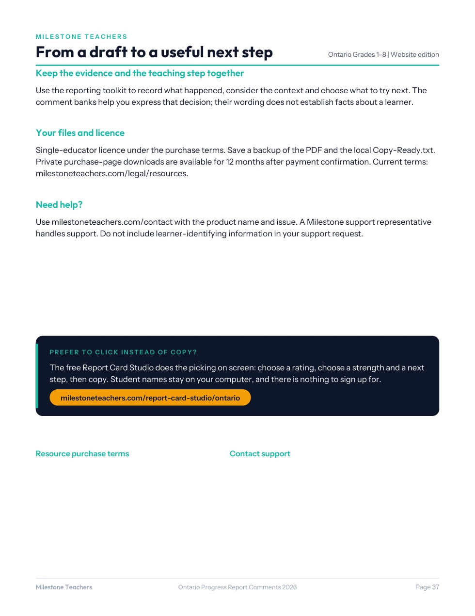 Progress-report bank, page 37 of 37: website-edition workflow, rights and support.