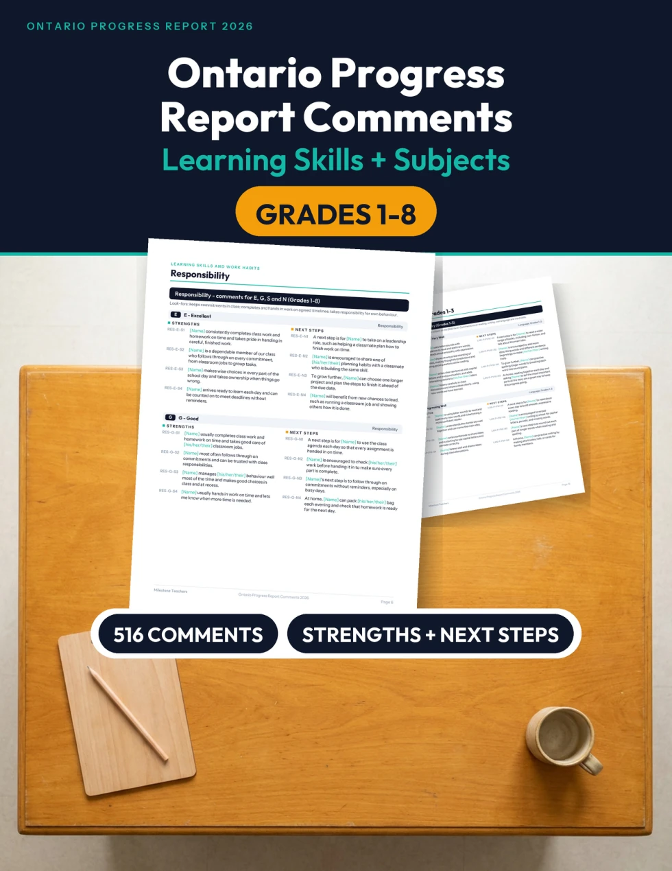 Progress-report bank, page 1 of 37: 516 draft comments for Ontario Grades 1–8.