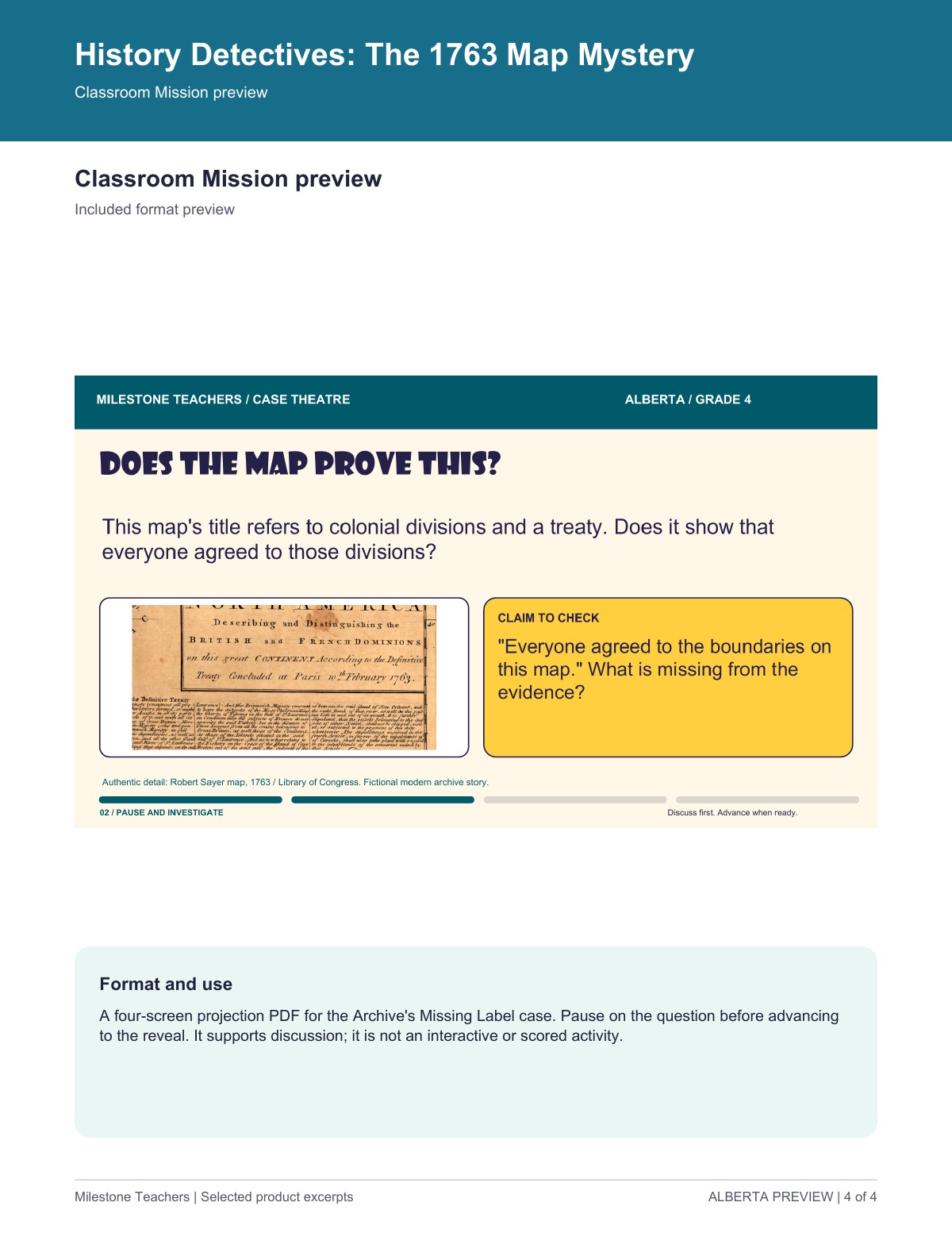 Classroom Mission screen titled Does the map prove this? showing a Robert Sayer 1763 map detail and a claim that everyone agreed to the boundaries, asking what consent evidence is missing.