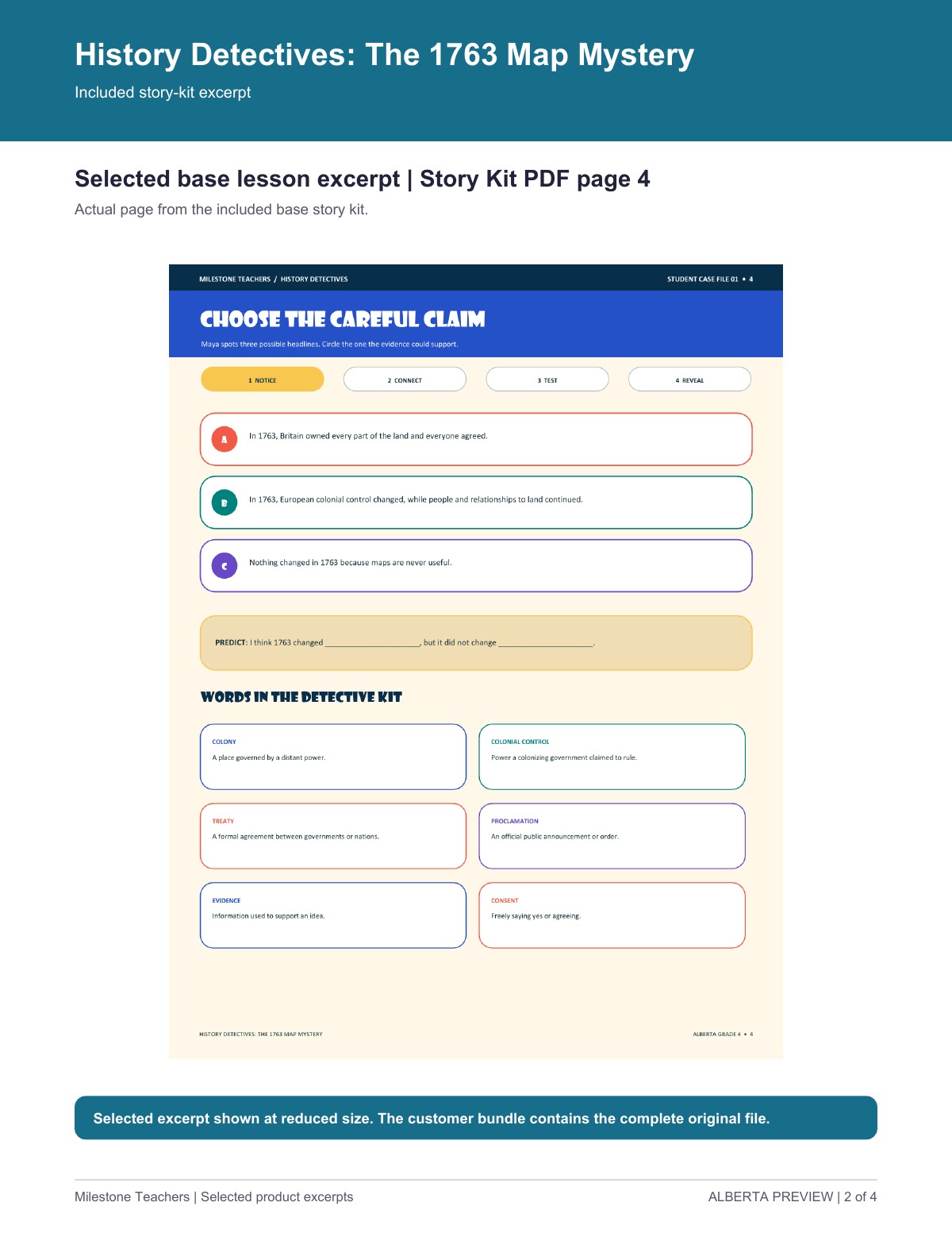 Choose the Careful Claim worksheet with three 1763 claim choices, a prediction prompt, and vocabulary cards for colony, colonial control, treaty, proclamation, evidence, and consent.