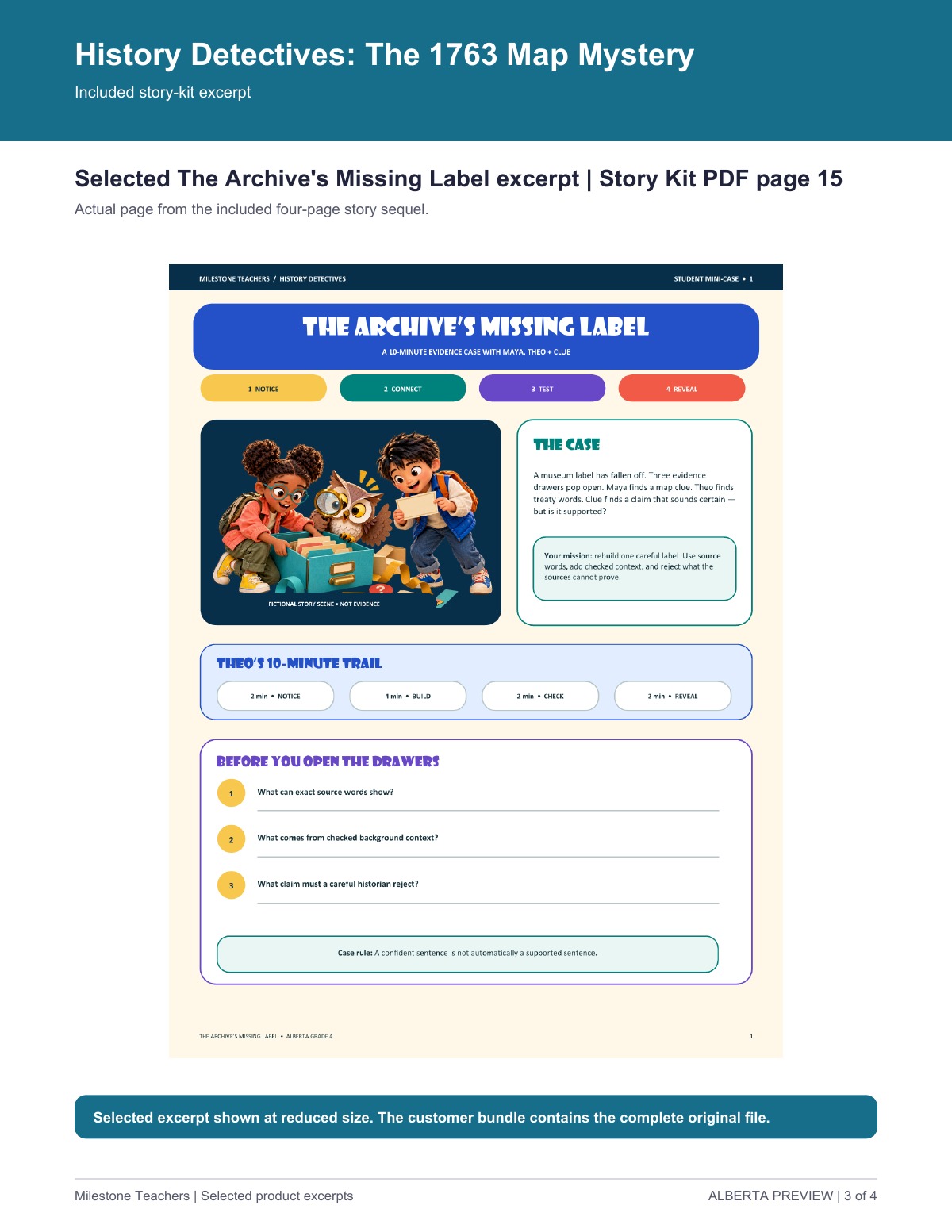 The Archive's Missing Label student mini-case with fictional Maya, Theo, and an owl beside evidence drawers, a source-limits mission, and written prompts.