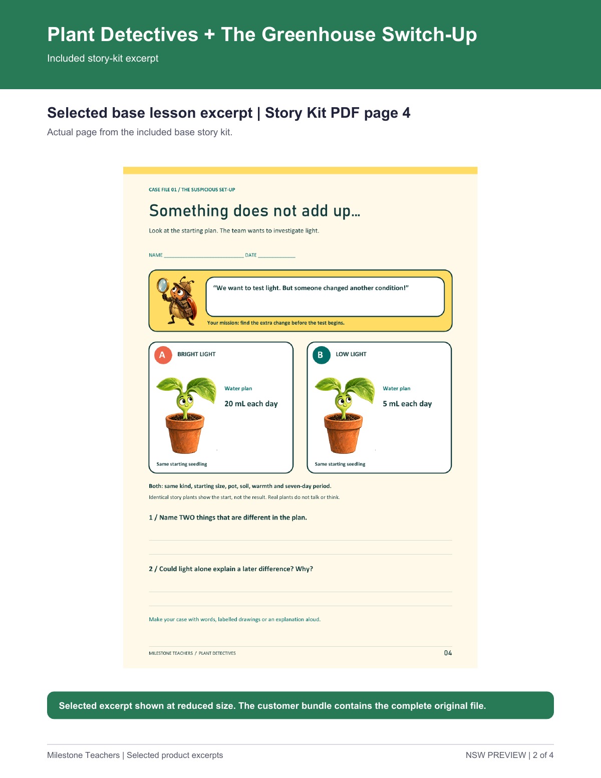 Suspicious Set-Up worksheet with Bright Light Bay A at 20 mL water each day and Low Light Bay B at 5 mL water each day, asking students to find two differences.