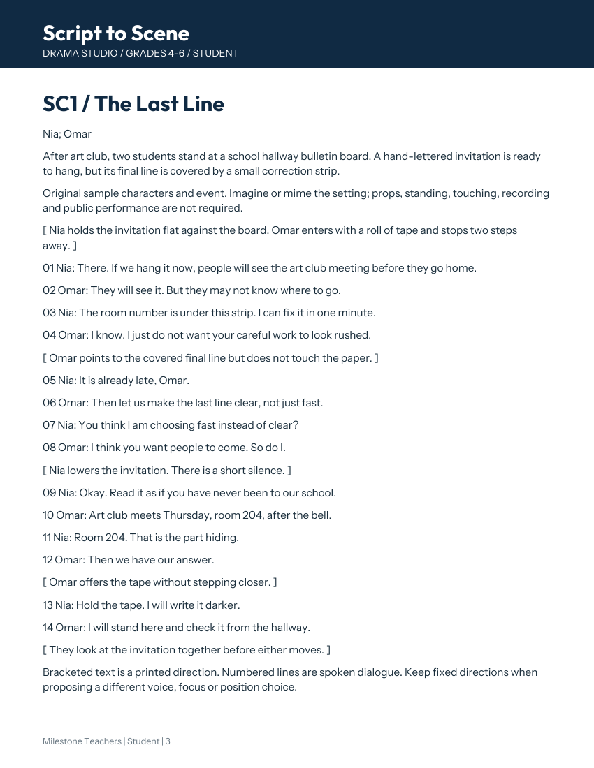Student scene page: SC1 The Last Line, an original two-speaker script with numbered dialogue and printed directions.