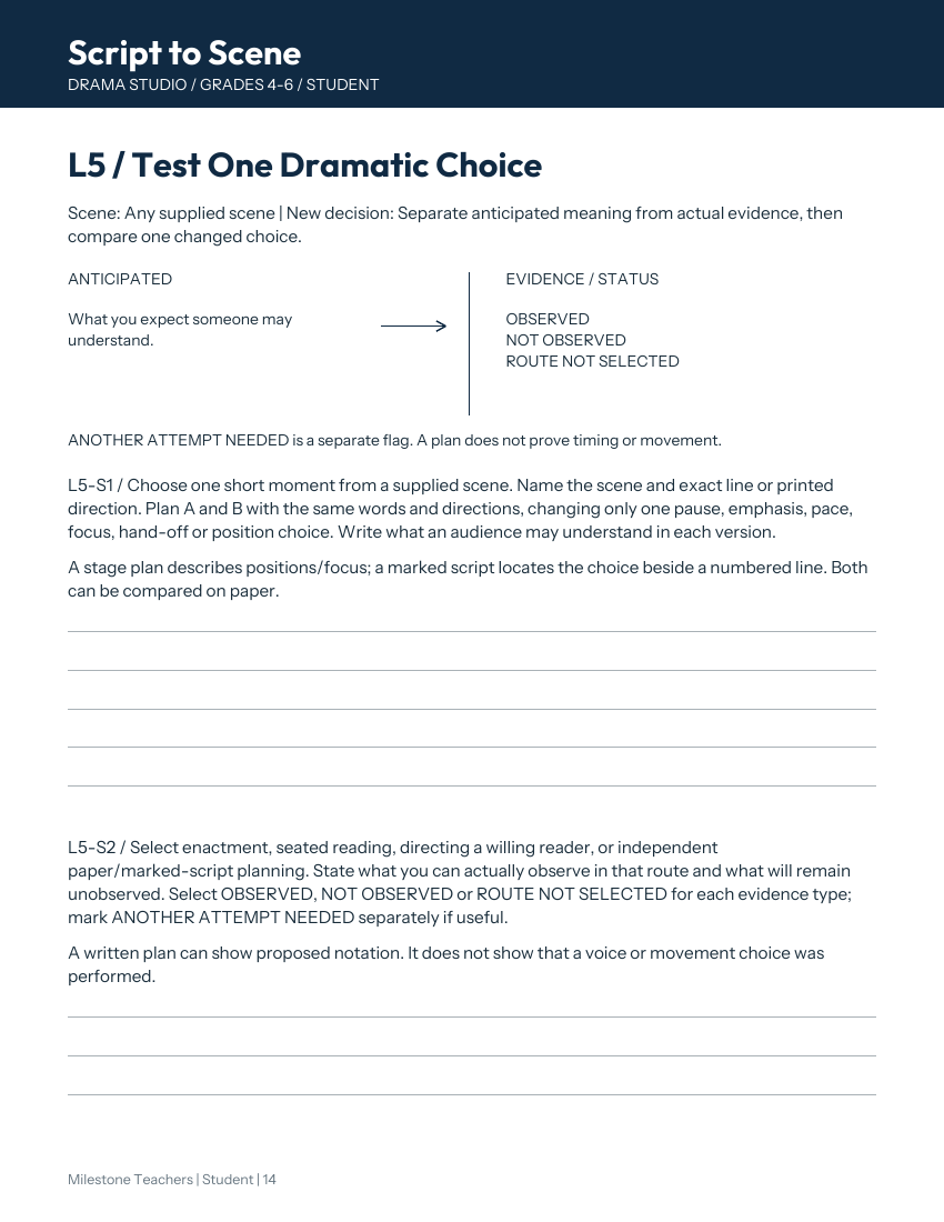 Student lesson page: L5 Test One Dramatic Choice, separating anticipated audience meaning from observed evidence or an honest status.