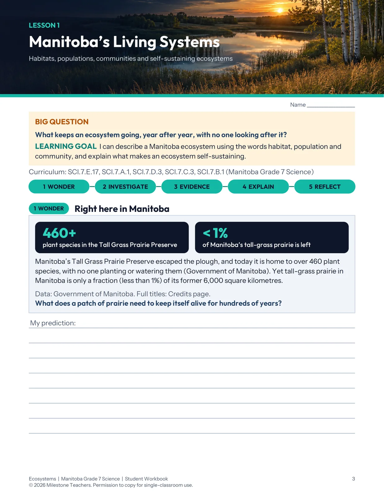 Lesson 1 opener with the big question, learning goal and Manitoba data cards: more than 460 plant species in the Tall Grass Prairie Preserve and less than 1% of the province's tall-grass prairie left.