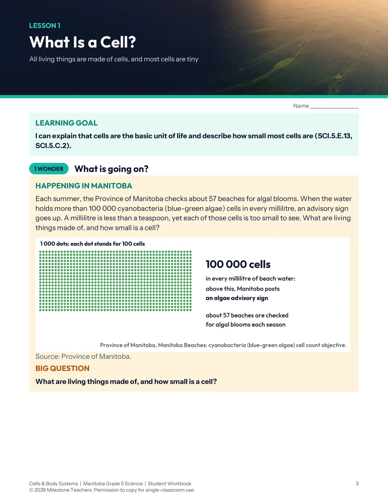Lesson 1 opener with the learning goal and a dot diagram of 100,000 cyanobacteria cells per millilitre, the level at which Manitoba posts a beach algae advisory.