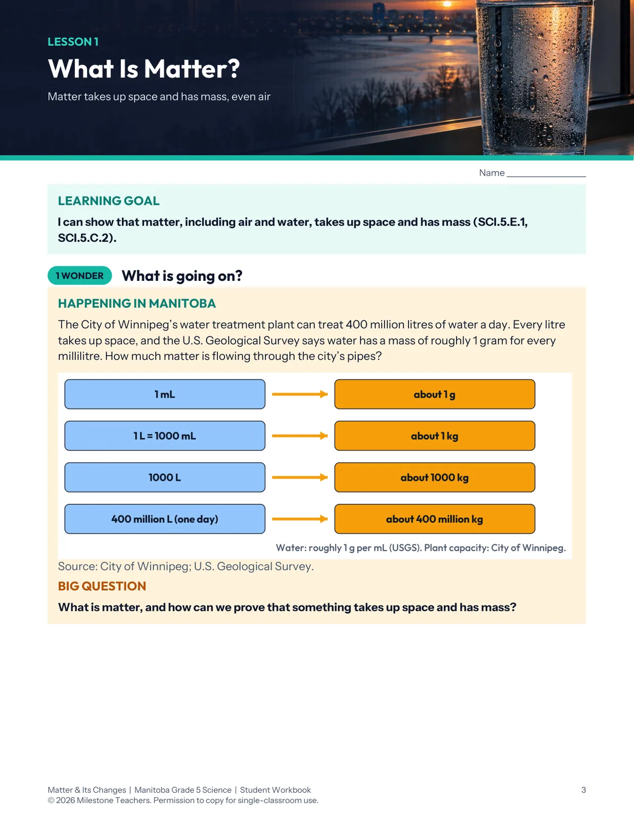 Lesson 1 opener with the learning goal and a City of Winnipeg water-treatment example converting millilitres of water to grams and kilograms.
