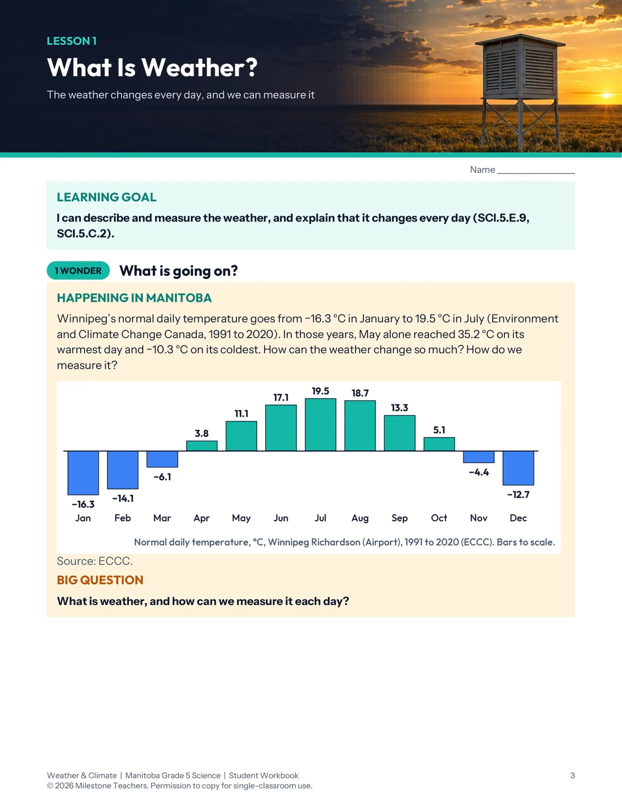Lesson 1 opener with the learning goal and a bar chart of Winnipeg's normal daily temperature by month, 1991 to 2020 (Environment and Climate Change Canada).