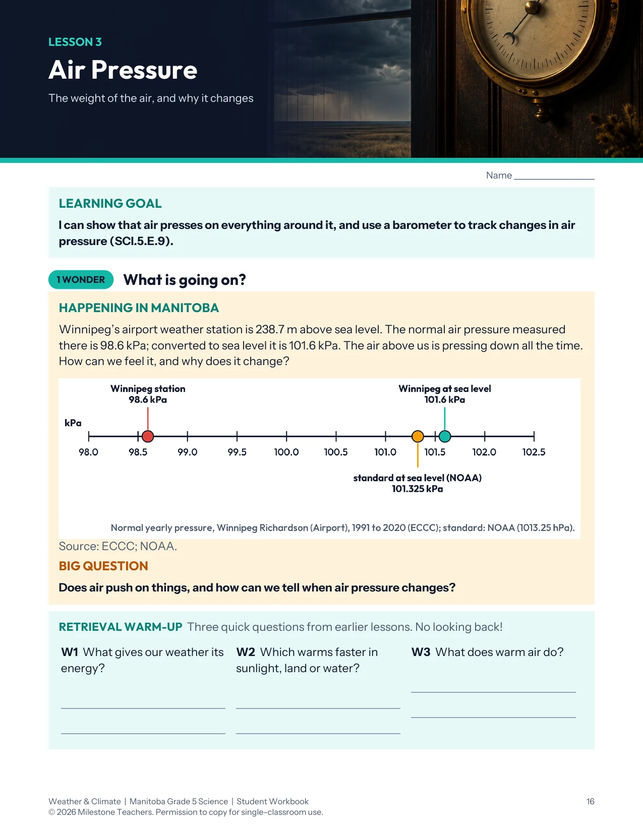 Air Pressure lesson opener with a Winnipeg station and sea-level pressure diagram, learning goal, and three retrieval questions.