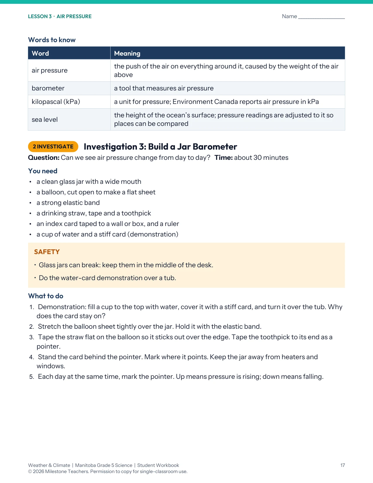 Air pressure word definitions and instructions for a jar barometer investigation with safety notes.
