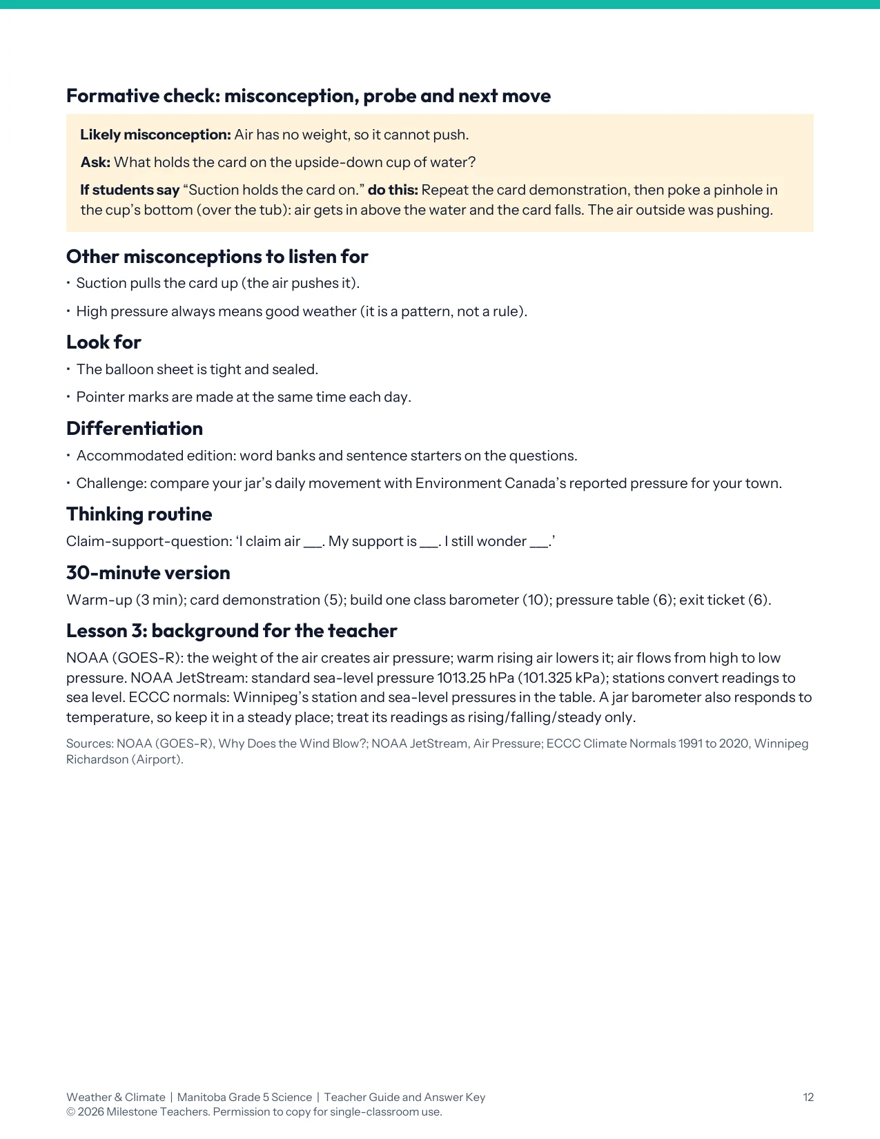 Teacher guide formative check on air-pressure misconceptions and suggested teaching moves.
