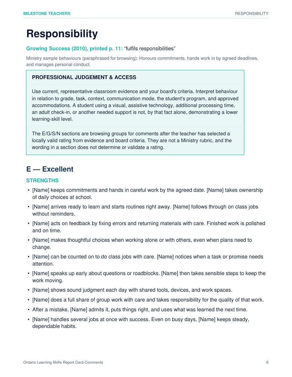 Learning-skills bank, page 6 of 30: Responsibility comment starters. Ratings remain an educator decision.