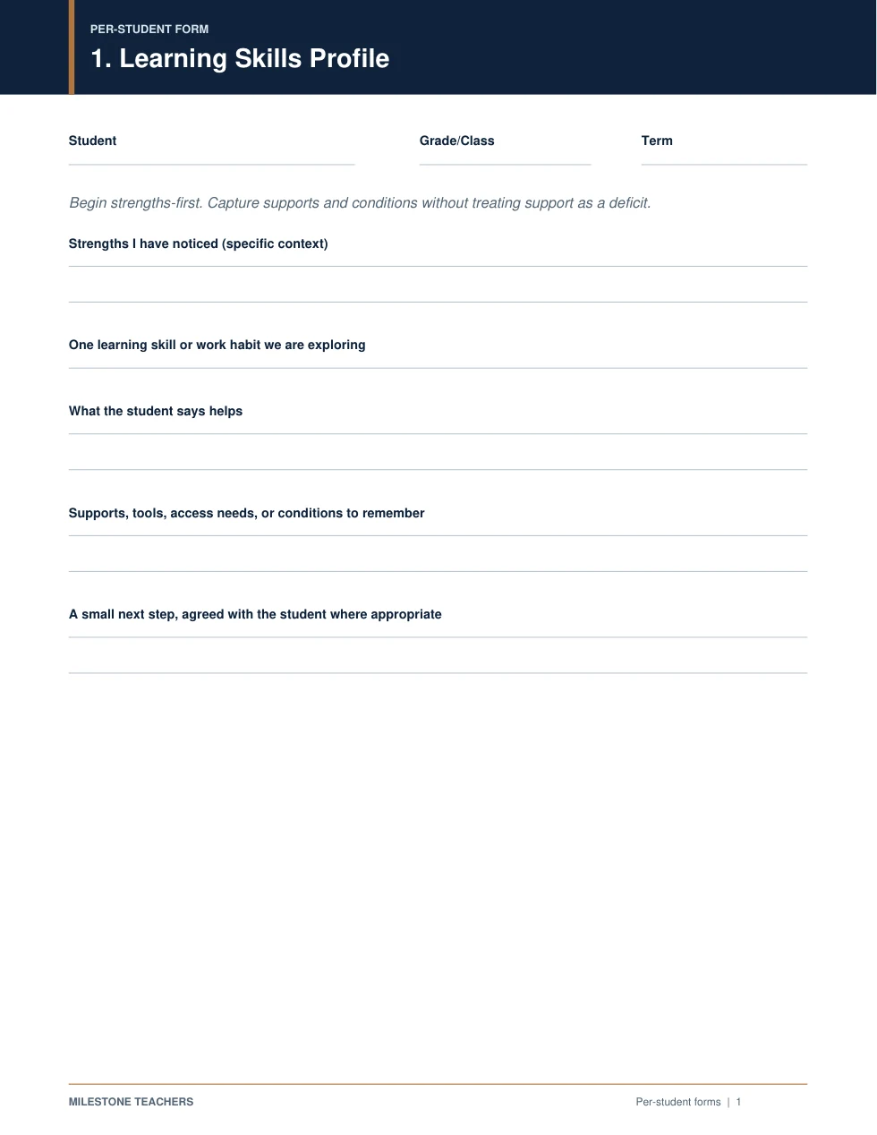 Learning-skills tracker, page 8 of 20: an included printable record-keeping page.