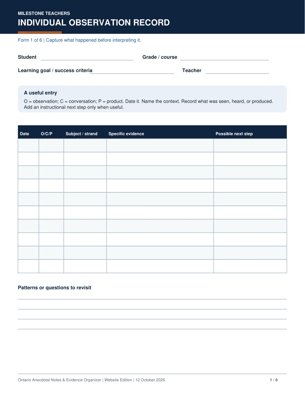 Anecdotal organizer, page 6 of 20: record an individual observation and its context before interpreting it.