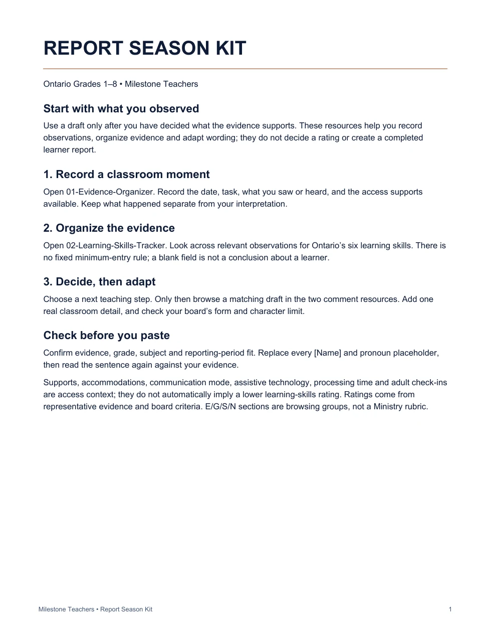 Included guide, page 1: record observations, organize evidence, then decide and adapt a draft.