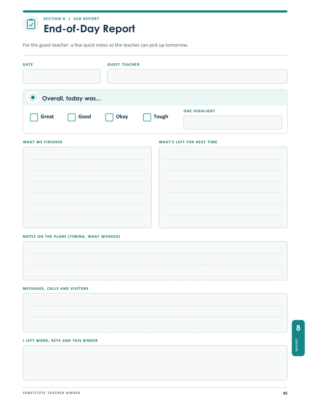 Binder page 45, End-of-Day Report: how the day went, what was finished, what is left, notes on the plans, messages and visitors, and where work and keys were left.