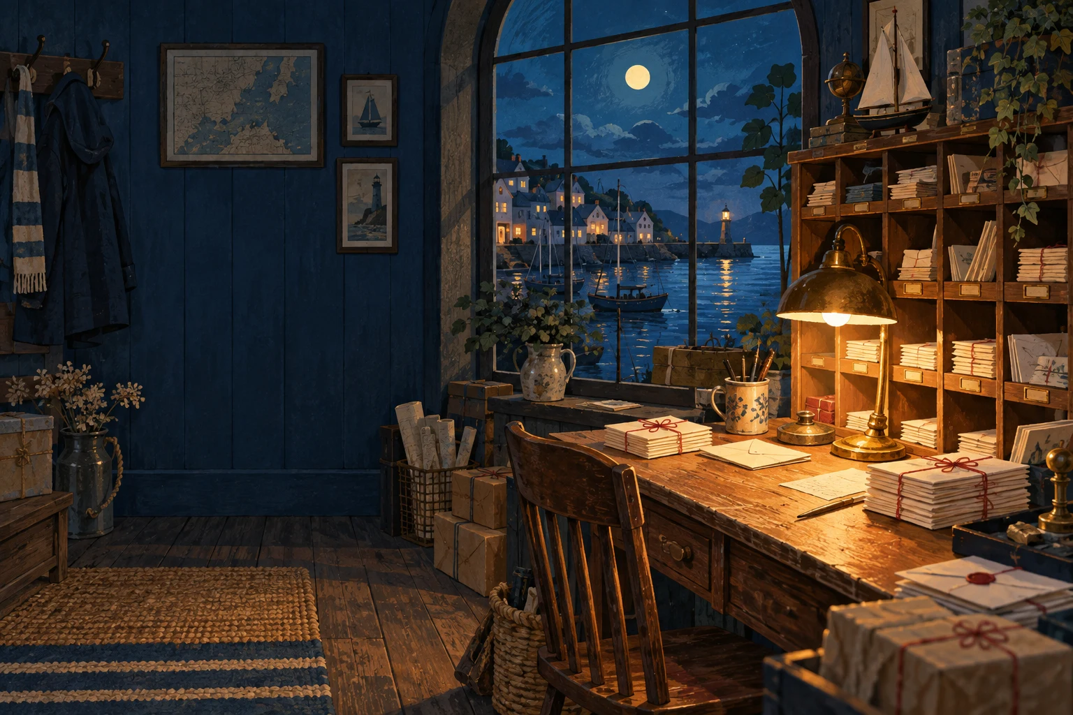 An illustrated lamplit post room, with letters waiting beneath a window overlooking the harbour at night.