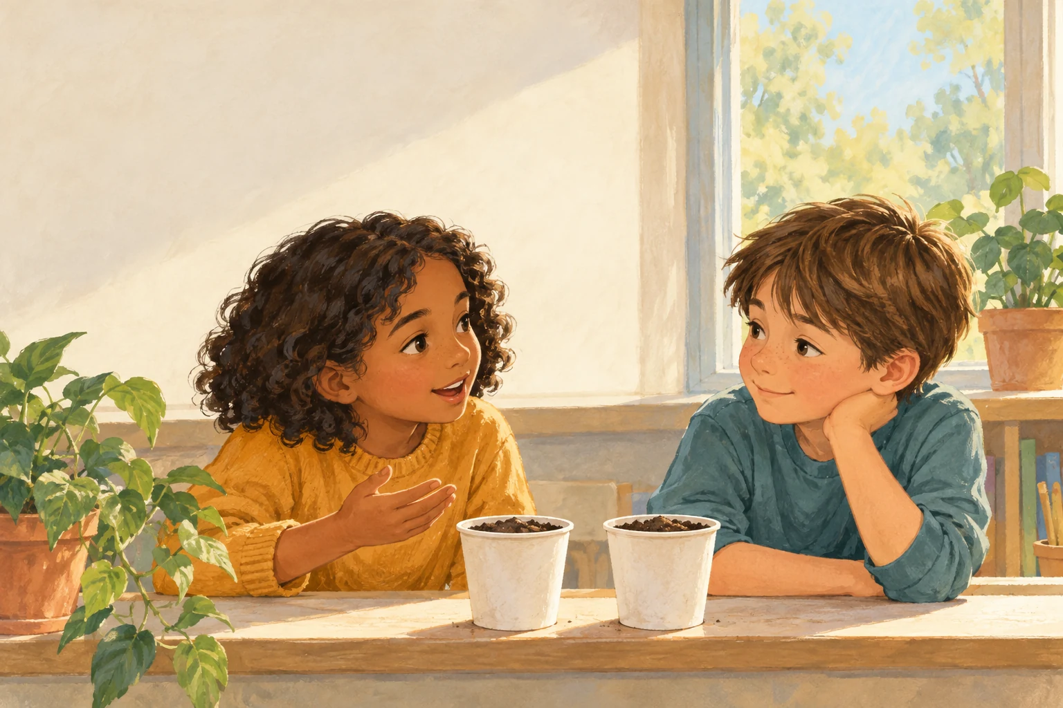 Imagined classroom scene: Maya speaks beside Theo and two paper cups of soil on a sunny windowsill.