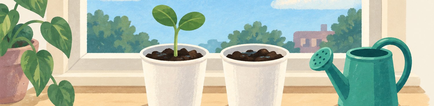A bean sprout, a second cup of soil and a watering can on a sunny windowsill.